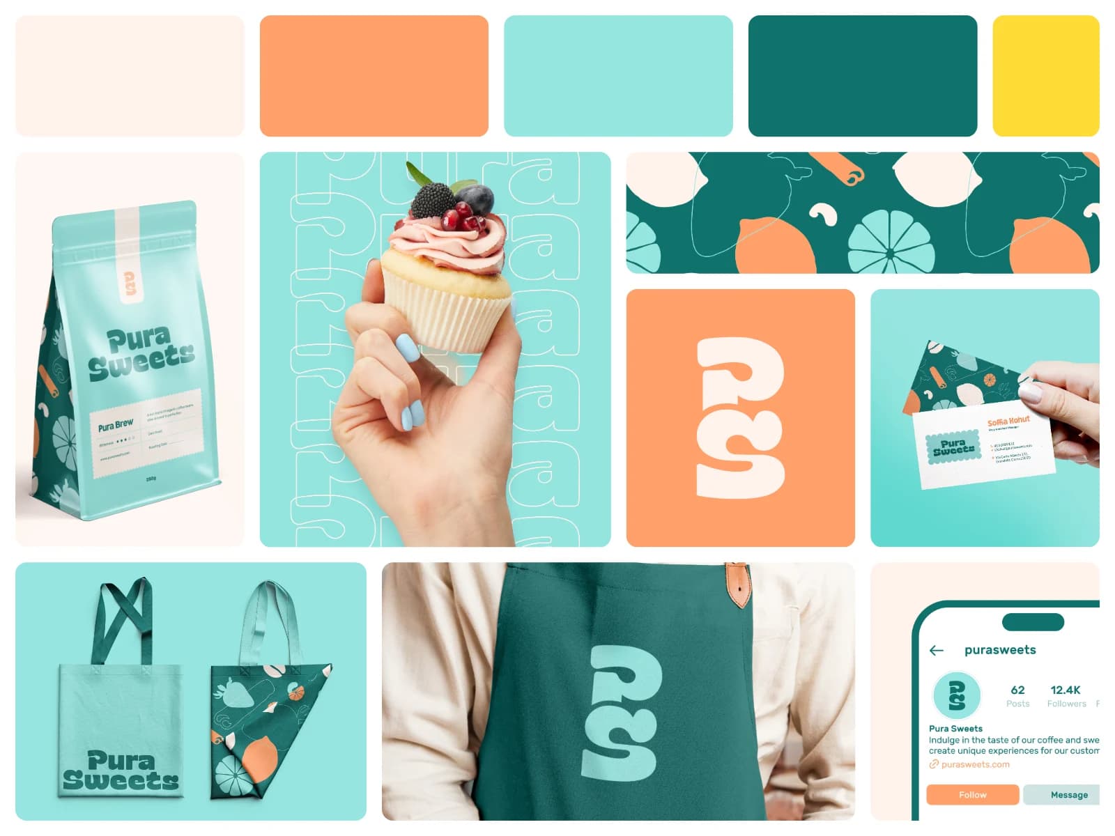 Colorful brand identity presented in a bento-style grid