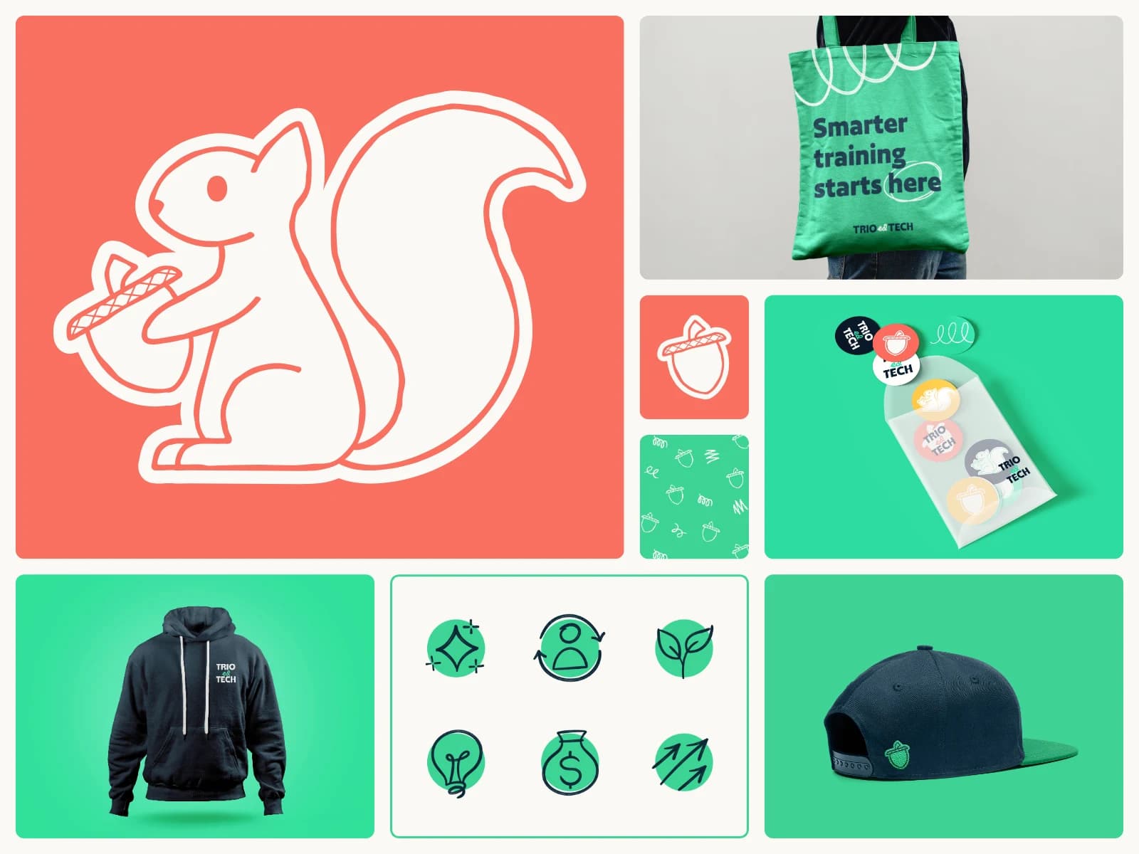 Playful brand identity presented in a bento-style grid