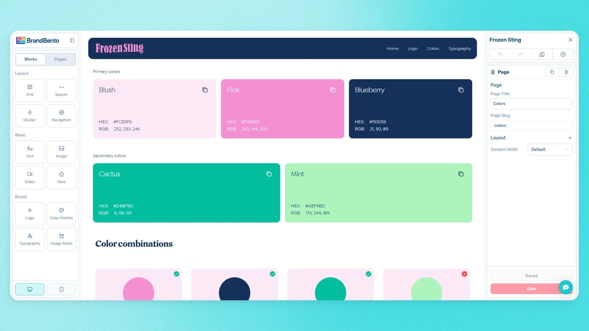 Brand Bento editor showing color palette blocks and page settings