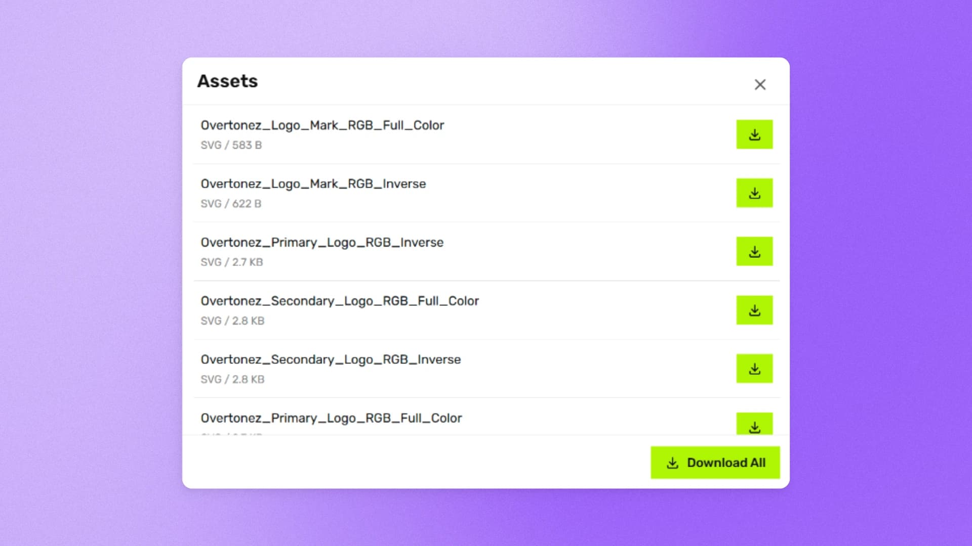 Client asset download panel within a published brand guide
