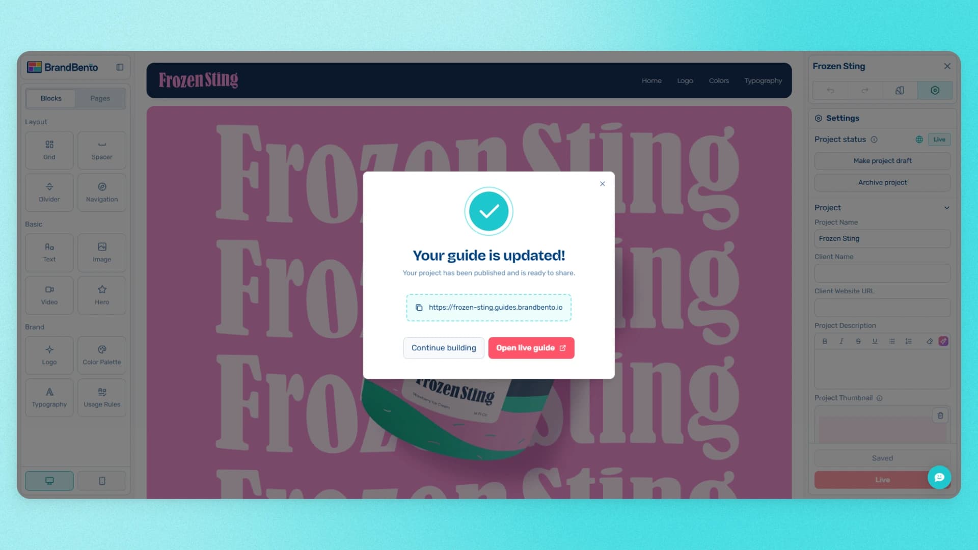 Brand Bento guide publish confirmation with a shareable link