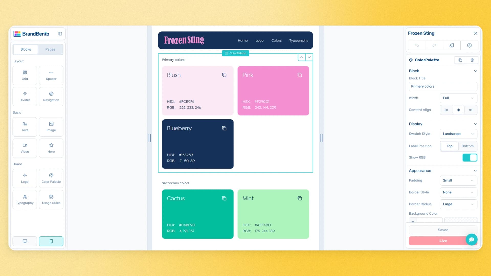 Brand Bento mobile preview of a brand color palette