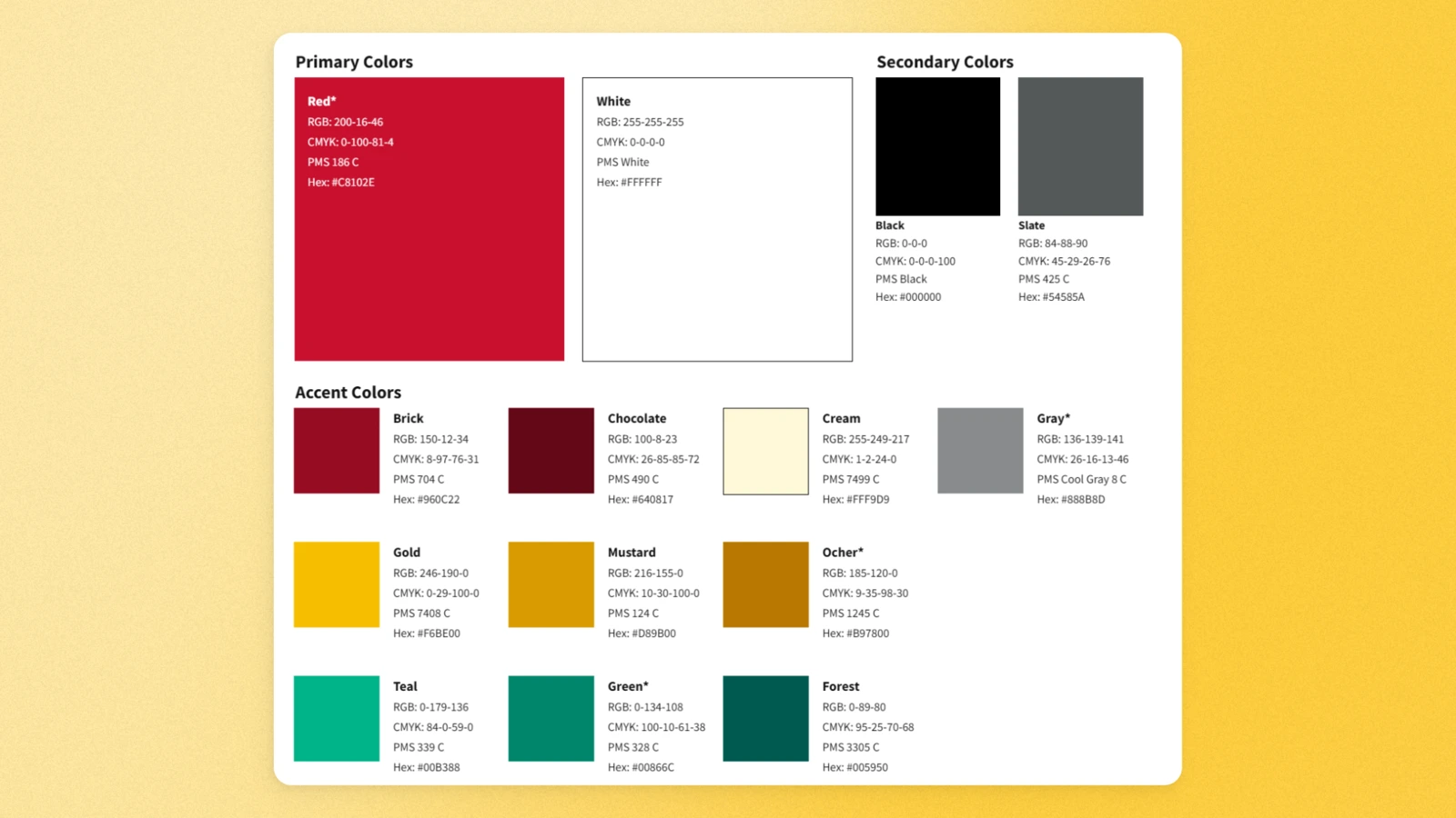 Illinois color palette section showing colors broken into different groups; Primary, secondary, and accent