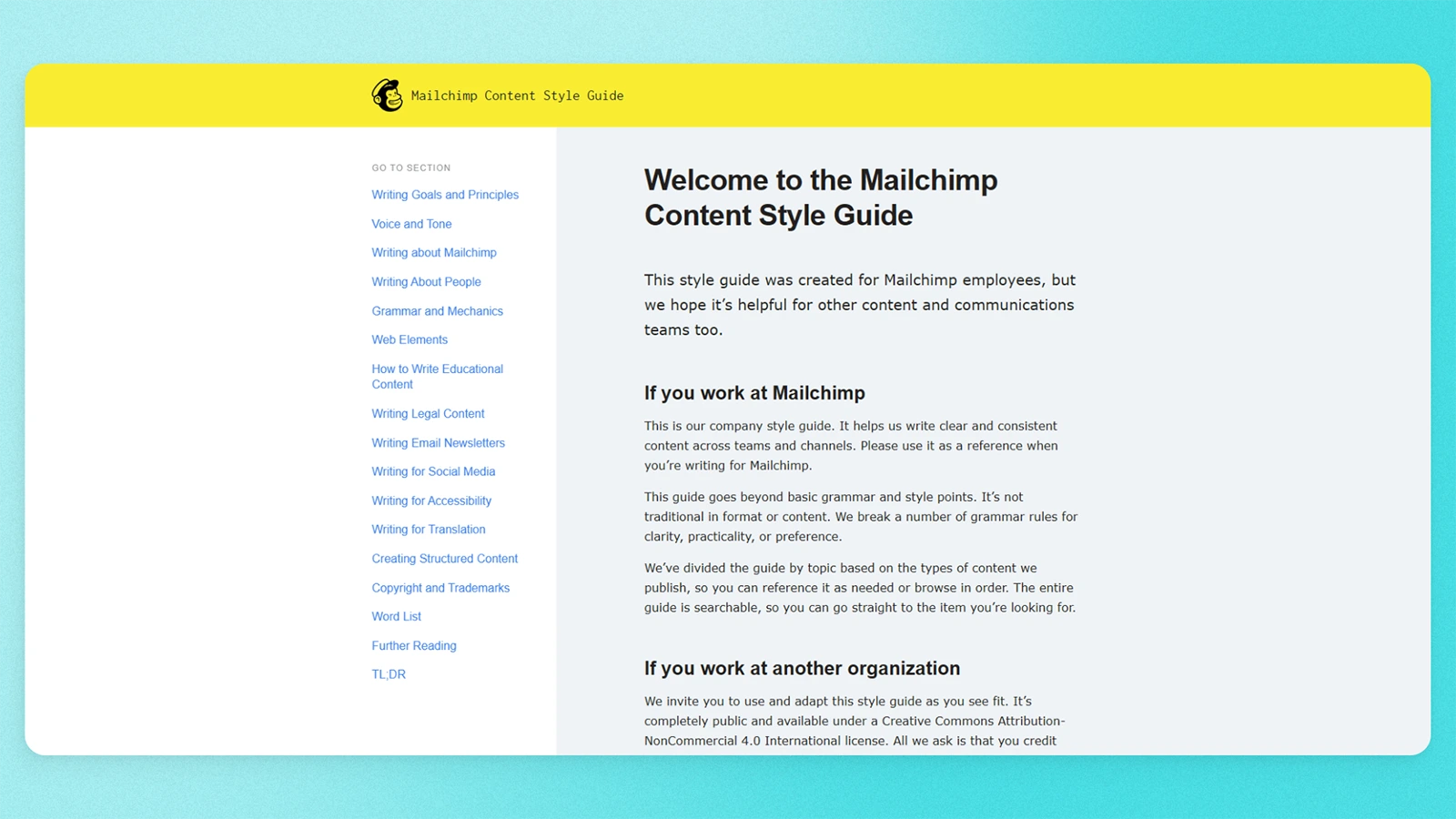 Mailchimp Content Style Guide introduction showing a topic-based section navigation