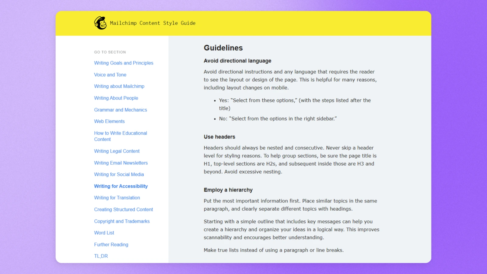 Mailchimp tone of voice section showing their guidelines of the language, headers, and hierarchy